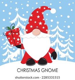 Christmas card, gift bag or box design with cute gnome and gift