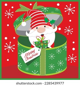 Christmas card, gift bag or box design with cute gnome in the box