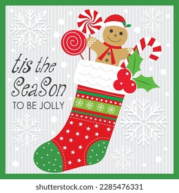 Christmas card, gift bag or box design with gingerbread man and candy cane in stocking