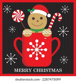 Christmas card, gift bag or box design with gingerbread man and candy cane in the cup