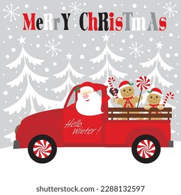 Christmas card, gift bag or box design with santa and gingerbread man in the car