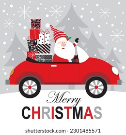 Christmas card, gift bag or box design with santa on the car