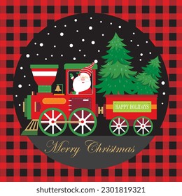 Christmas card, gift bag or box design with santa and tree on the train