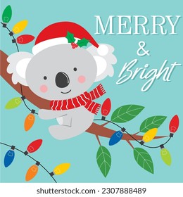 Christmas card, gift bag or box design with cute koala and lights