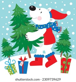 Christmas card, gift bag or box design with bear and christmas tree