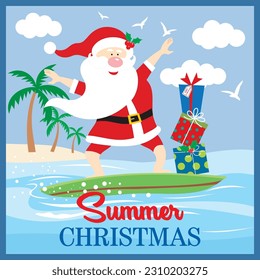 Christmas card, gift bag or box design with santa surfing and gifts