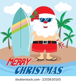 Christmas card, gift bag or box design with santa is going to surf