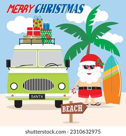 Christmas card, gift bag or box design with car, santa and surf board