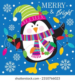 Christmas card, gift bag or box design with cute penguin and lights