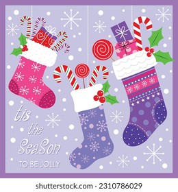 Christmas card, gift bag or box design with christmas stockings