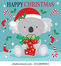 Christmas card, gift bag or box design with koala and gift