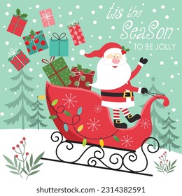 Christmas card, gift bag or box design with santa and sleigh