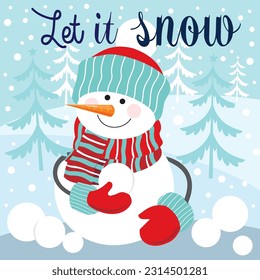 Christmas card, gift bag or box design with cute snowman