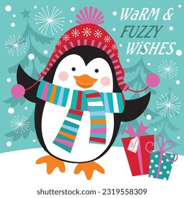 Christmas card, gift bag or box design with cute penguin and gifts