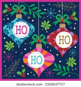 Christmas card, gift bag or box design with christmas balls and wreath
