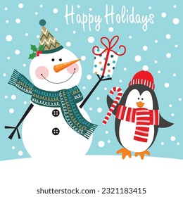 Christmas card, gift bag or box design with cute snowman and penguin