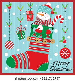 Christmas card, gift bag or box design with snowman on the sock