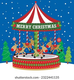 Christmas card, gift bag or box design with christmas carousel and reindeer