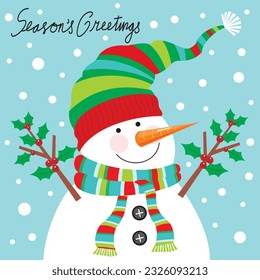 Christmas card, gift bag or box design with cute snowman