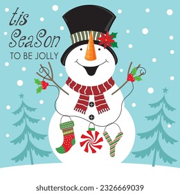 Christmas card, gift bag or box design with cute snowman