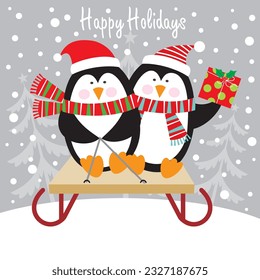 Christmas card, gift bag or box design with penguins skiing