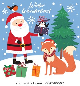 Christmas card, gift bag or box design with santa and fox