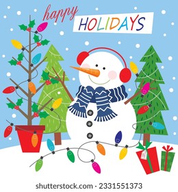 Christmas card, gift bag or box design with snowman and lights