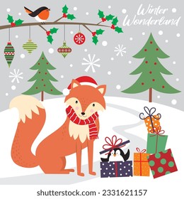 Christmas card, gift bag or box design with cute fox and penguin