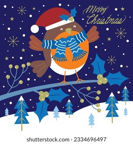 Christmas card, gift bag or box design with robin bird