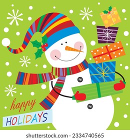 Christmas card, gift bag or box design with snowman and gifts