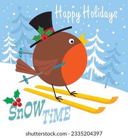 Christmas card, gift bag or box design with robin bird skiing