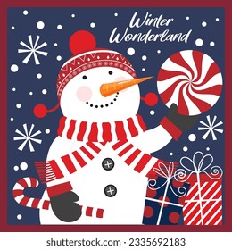 Christmas card, gift bag or box design with snowman, lollipop and candy cane