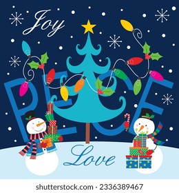 Christmas card. gift bag or box design with snowman and lettering