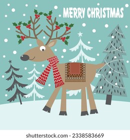 Christmas card, gift bag or box design with reindeer and tree