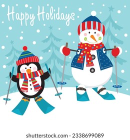 Christmas card, gift bag or box design with snowman and penguin skiing