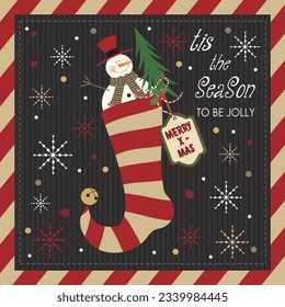 Christmas card, gift bag or box design with snowman in the christmas sock