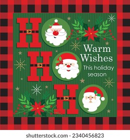 Christmas card, gift bag or box design with santa head and buffalo plaid
