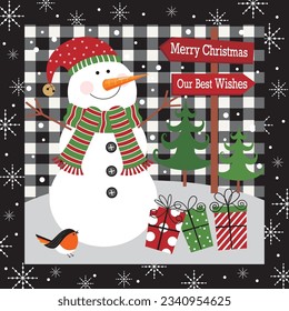 Christmas card, gift bag or box design with snowman and plaid background