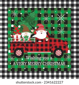 Christmas card, gift bag or box design with gnomes on the car