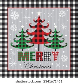 Christmas card, gift bag or box design with christmas tree and buffalo plaid