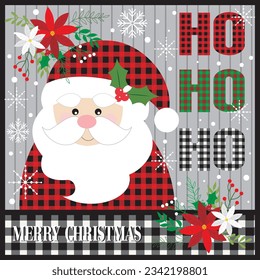 Christmas card, gift bag or box design with cute santa and buffalo plaid