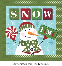 Christmas card, gift bag or box design with snowman and text