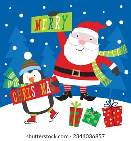 Christmas card, gift bag or box design with santa and penguin