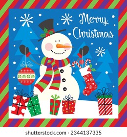 Christmas card, gift bag or box design with snowman, sock, bauble and gifts