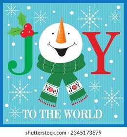 Christmas card, gift bag or box design with snowman head and joy text