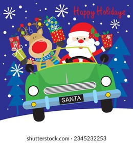 Christmas card, gift bag or box design with santa and reindeer on the car