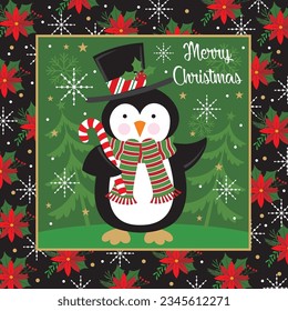 Christmas card, gift bag or box design with penguin and wreath background