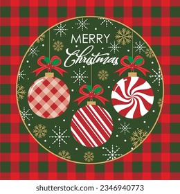 Christmas card, gift bag or box design with christmas baubles and buffalo plaid