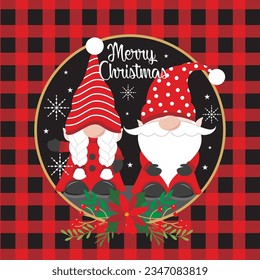 Christmas card, gift bag or box design with cute gnomes and buffalo plaid