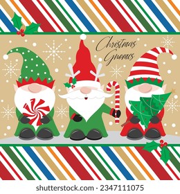 Christmas card, gift bag or box design with cute gnomes